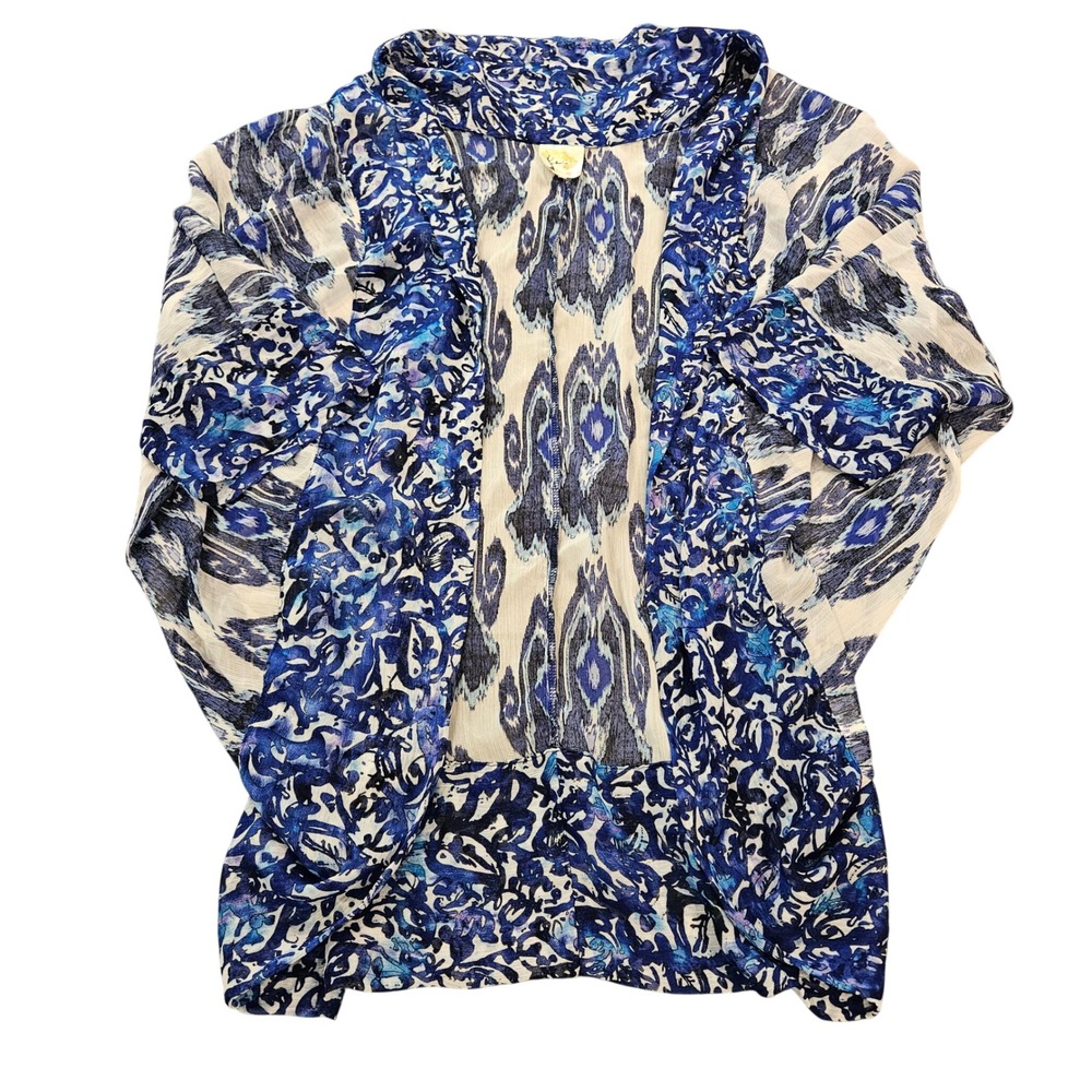 Fig & Flower Blue Ikat Floral Open Front Kimono Cardigan Sheer Cover Up One Size
